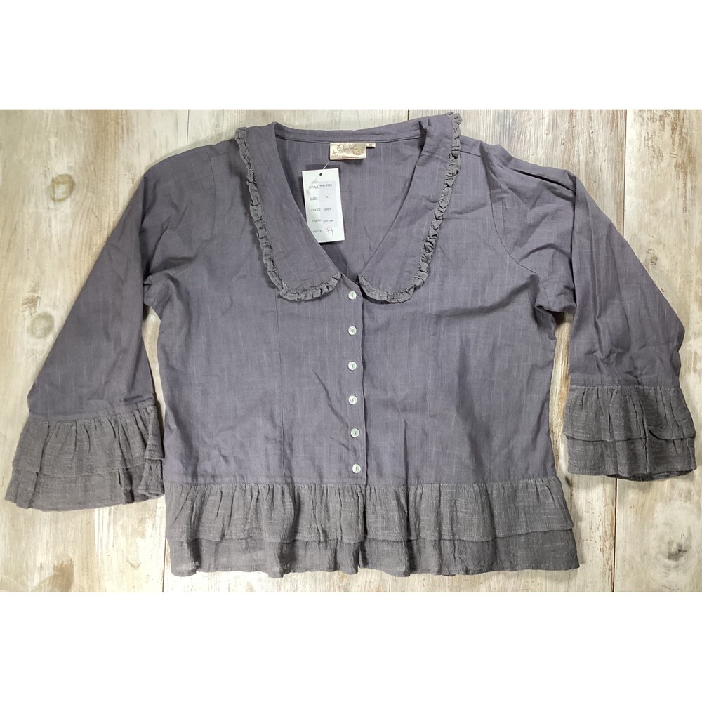 Paper Lace Grey Cotton Ruffle Peter Pan Collar Blouse XL HNC-0129 Cottagecore